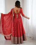 RUST COLOR CRUNCHY SILK EMBROIDERED GOWN