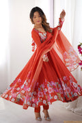 RUST ORANGE FLORAL ORGANZA SILK ANARKALI SUIT SET