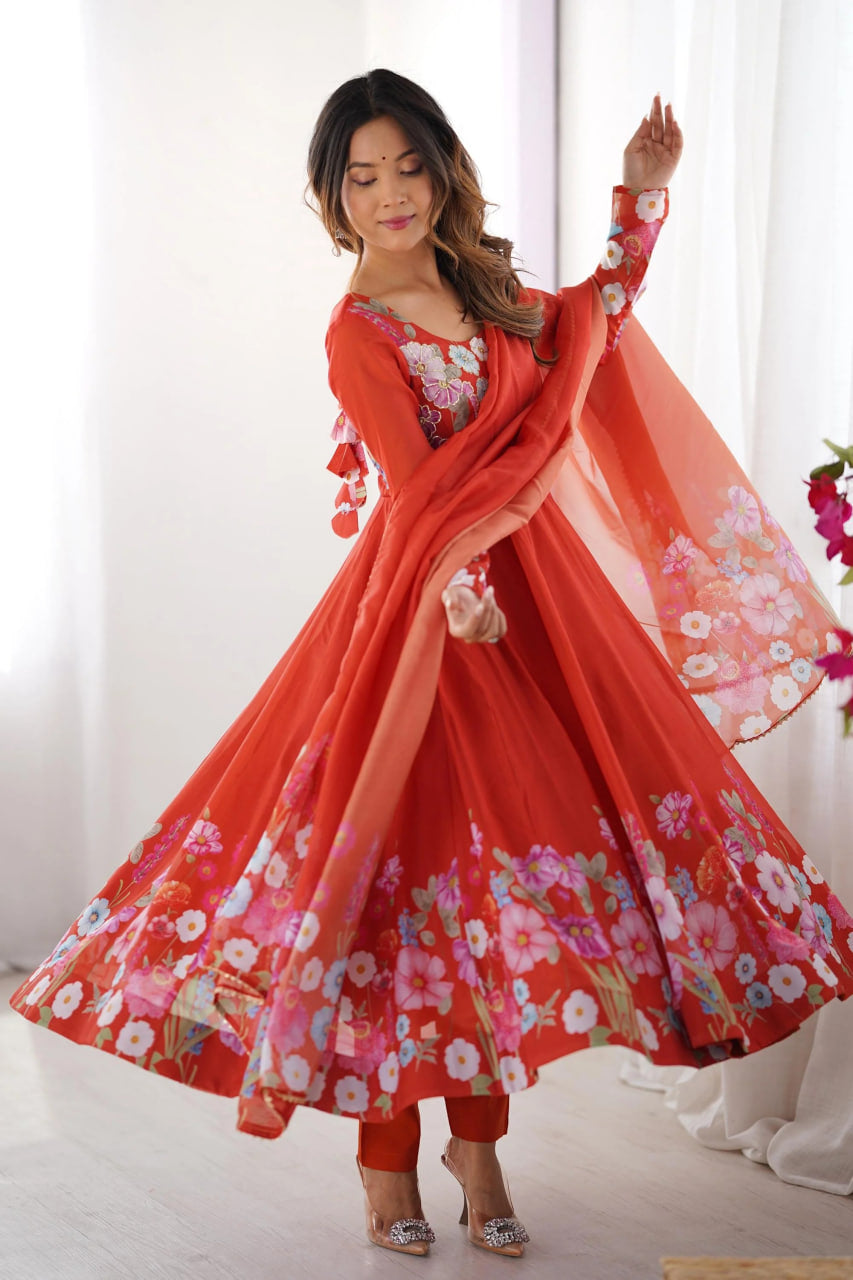 RUST ORANGE FLORAL ORGANZA SILK ANARKALI SUIT SET