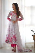 GET READY TO TURN HEADS WITH THIS ELEGANT WHITE FLORAL PRINT ANARKALI SET