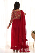 STUNNING RED ALIA CUT FIT EMBROIDERY KURTA SET WITH DUPATTA AND PANTS