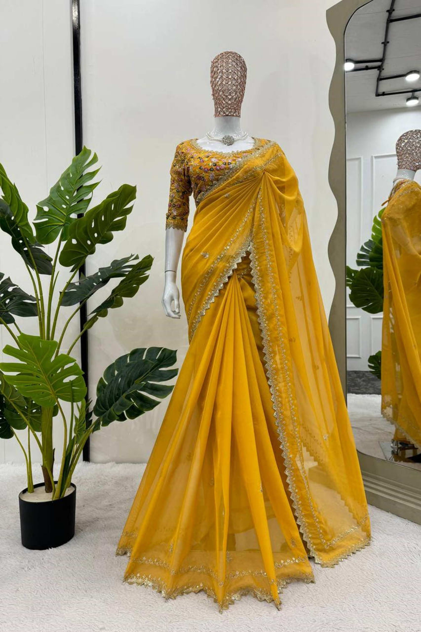 YELLOW COLOR BEAUTIFUL DESIGNER SAREE ON TIBBY SILK FABRIC