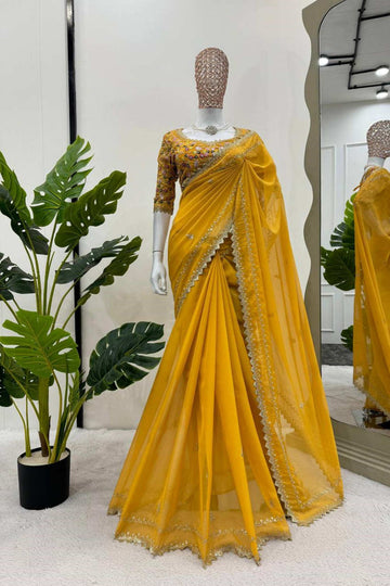 YELLOW COLOR BEAUTIFUL DESIGNER SAREE ON TIBBY SILK FABRIC