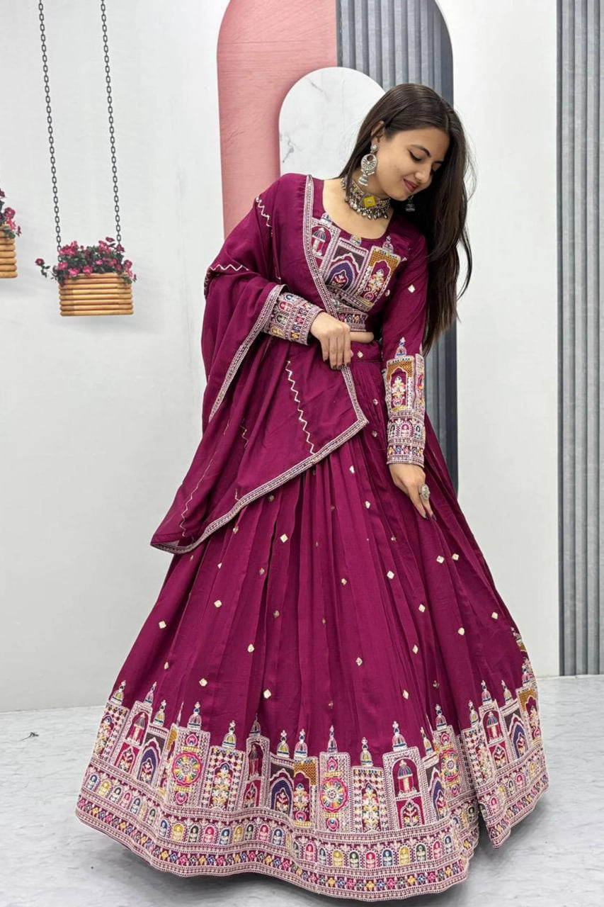 MAROON EMBROIDERED VICHITRA LEHENGA CHOLI SET