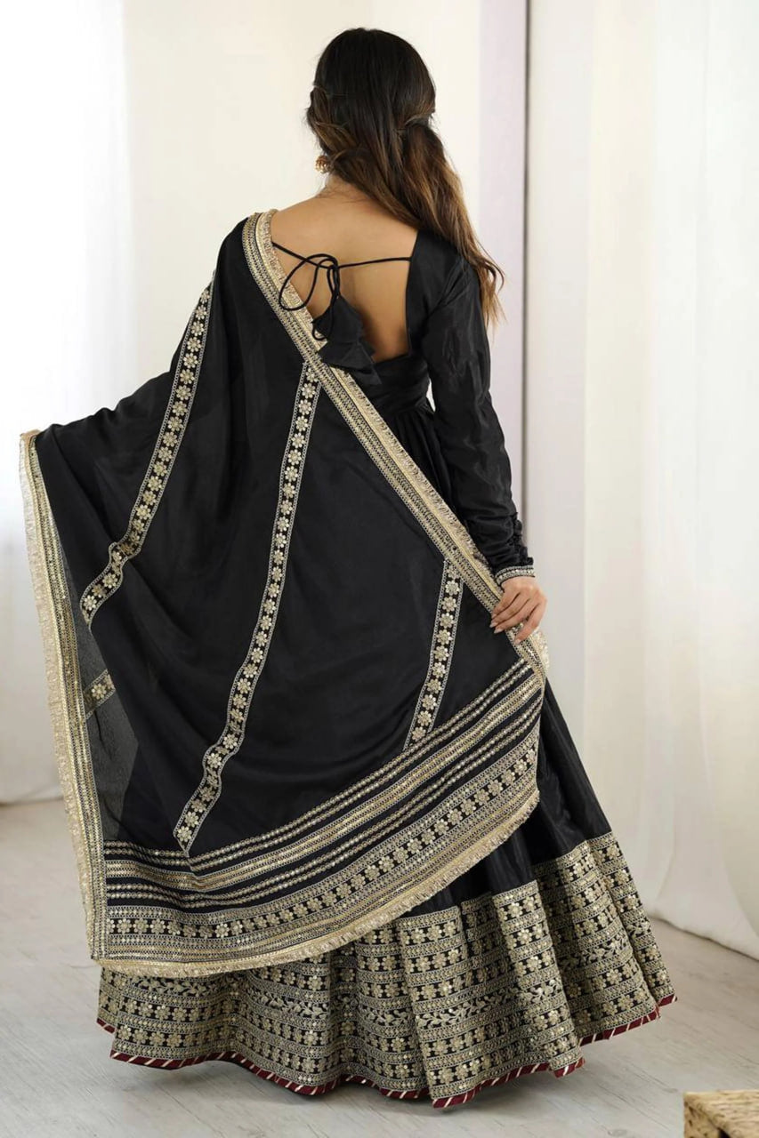 BLACK BOLLYWOOD STYLE ANARKALI SUIT WITH CHINON SILK & SEQUIN WORK