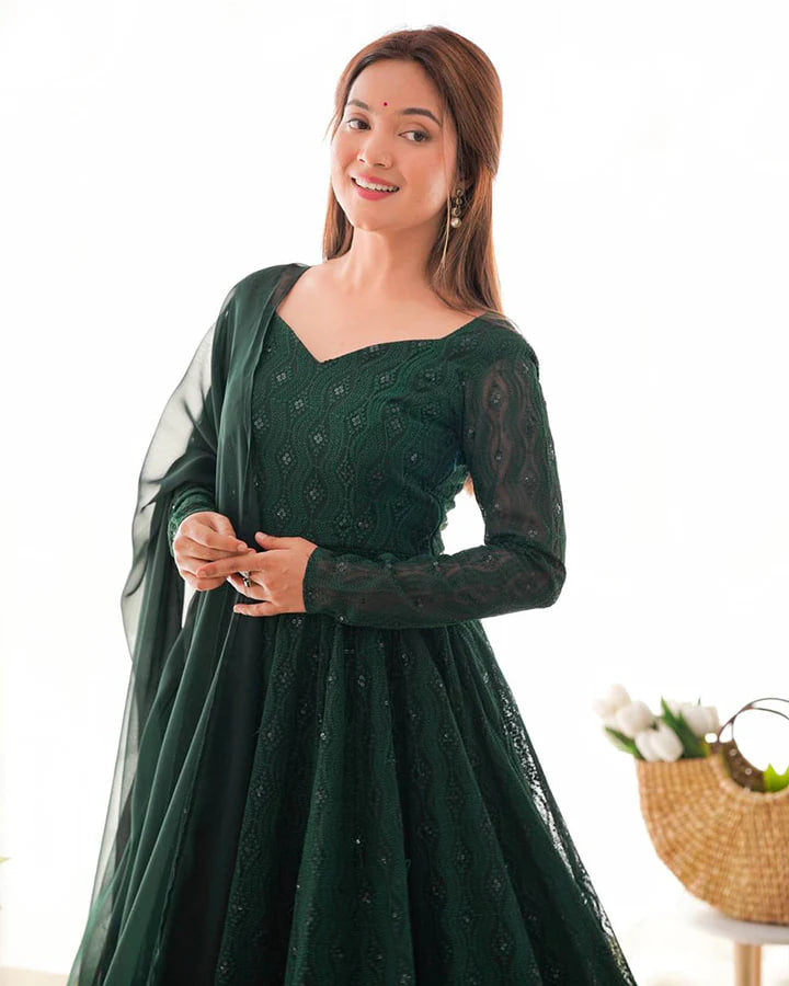 GREEN COLOR GEORGETTE LUCKNOWI THREE PIECE ANARKALI SUIT
