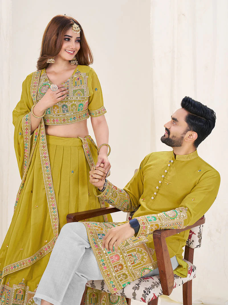 LIME GREEN EMBROIDERED LEHENGA CHOLI & MATCHING MEN'S KURTA SET COMBO