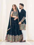 NAVY BLUE EMBROIDERED LEHENGA CHOLI & MATCHING MEN'S KURTA SET COMBO