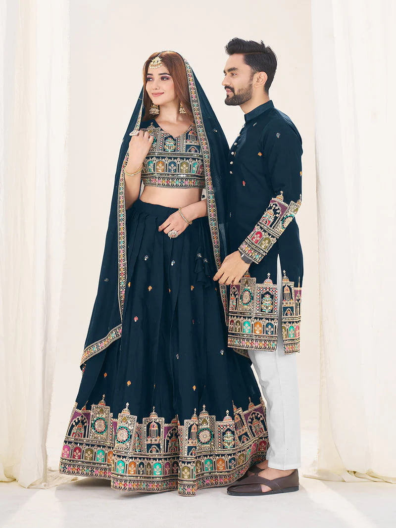 NAVY BLUE EMBROIDERED LEHENGA CHOLI & MATCHING MEN'S KURTA SET COMBO
