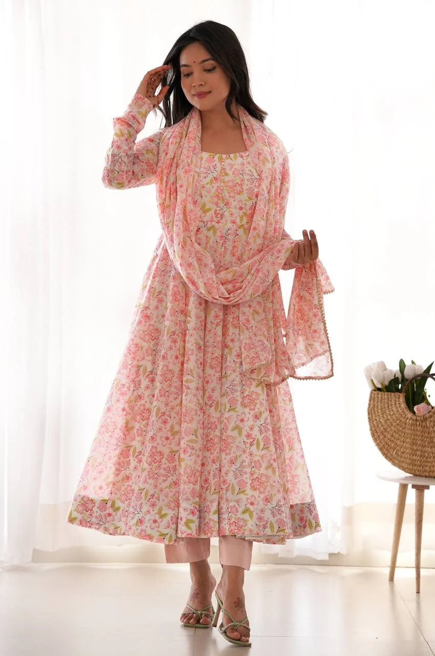 PINK FLOWER PRINTED ANARKALI SUIT SET