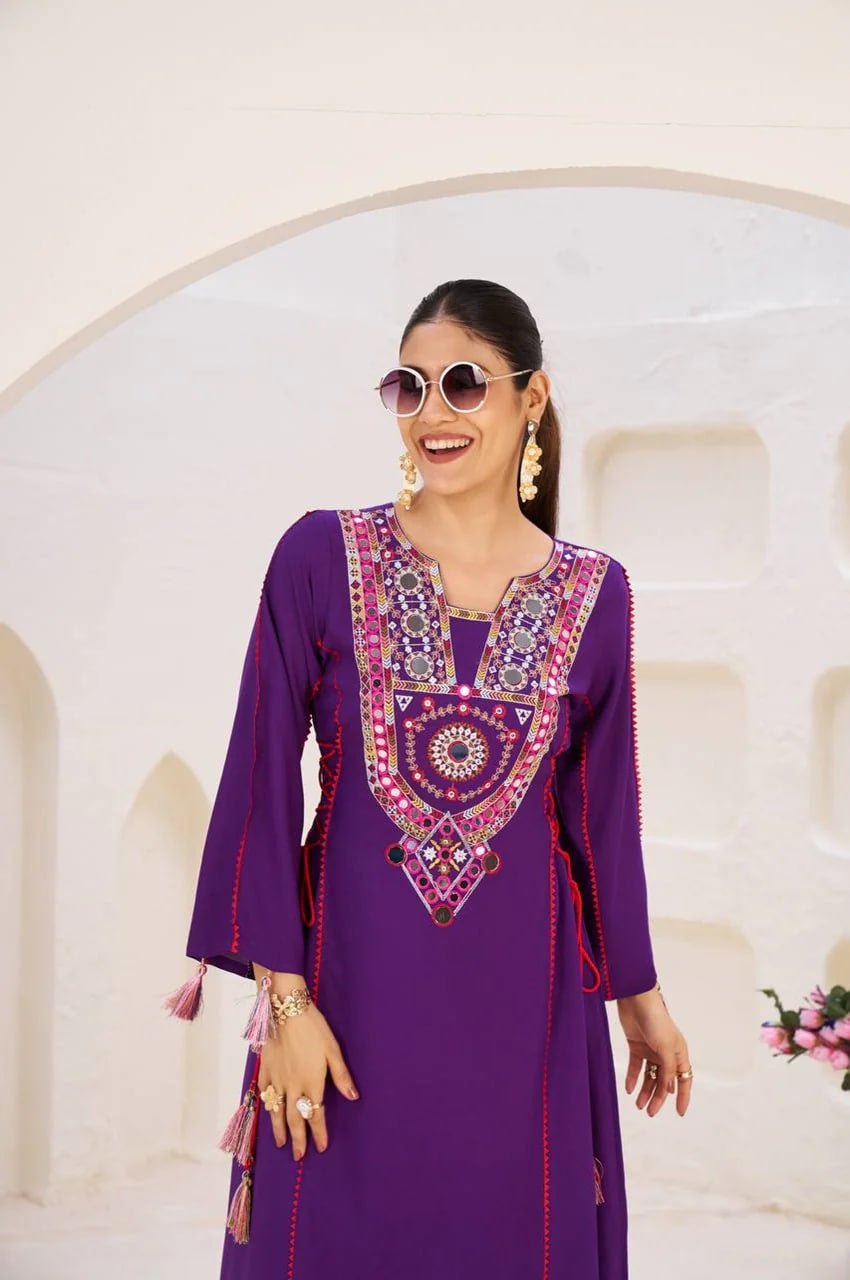 PURPLE ETHNIC MIRROR WORK PEPLUM SET WITH PALAZZO