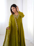 LUXURY MEHENDI GREEN FOX GEORGETTE ANARKALI SUIT WITH DUPATTA & PANT
