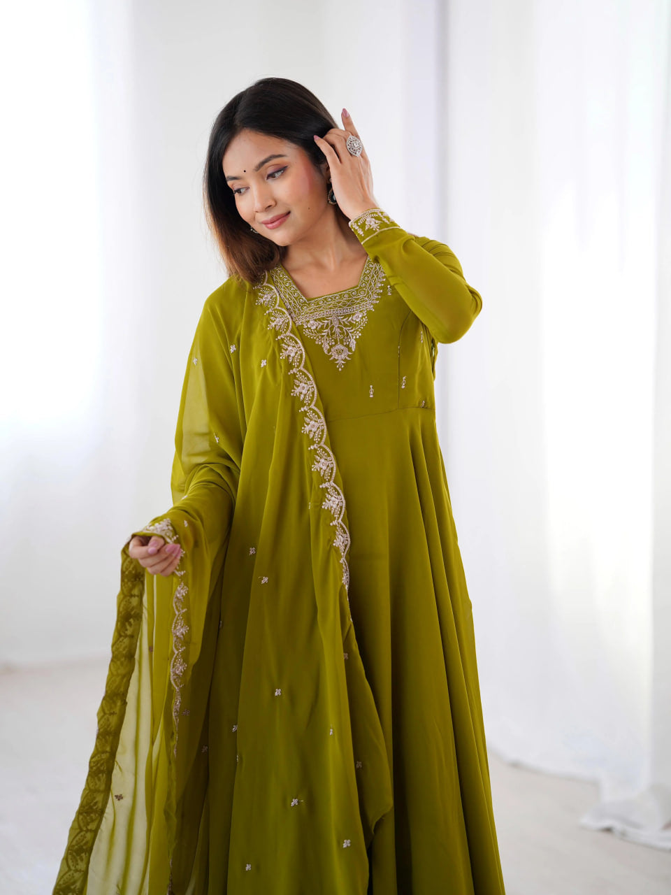 LUXURY MEHENDI GREEN FOX GEORGETTE ANARKALI SUIT WITH DUPATTA & PANT