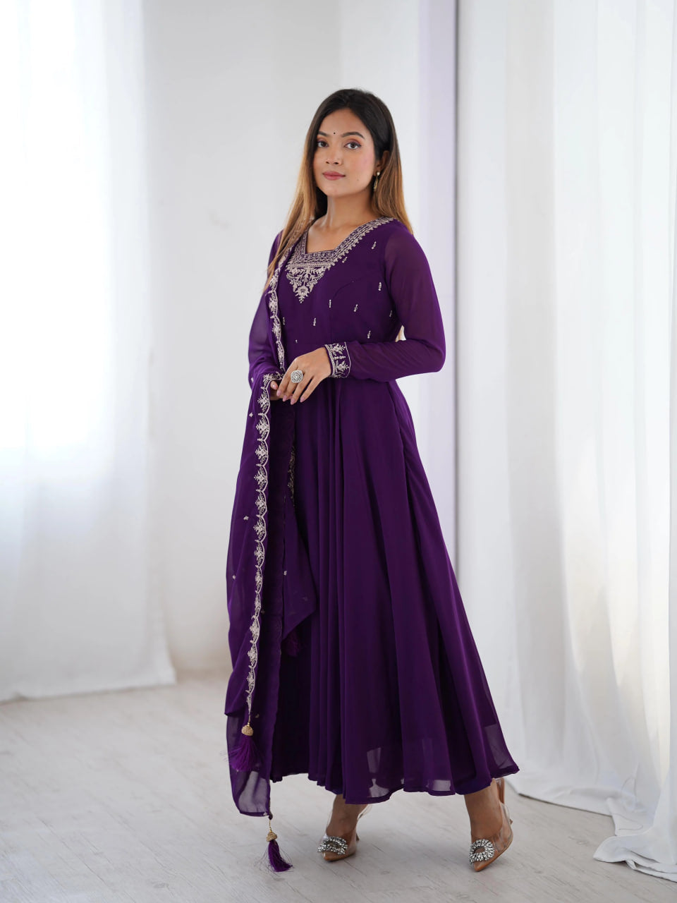 LUXURY PURPLE FOX GEORGETTE ANARKALI SUIT WITH DUPATTA & PANT