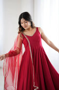 MAROON ROMAN SILK ANARKALI SUIT SET
