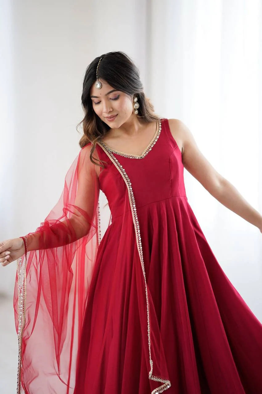 MAROON ROMAN SILK ANARKALI SUIT SET