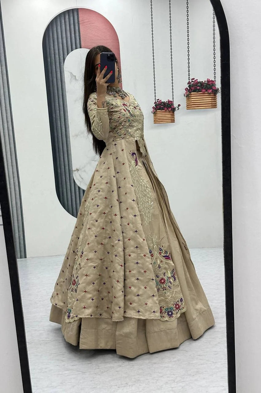 CREAM COLOR CROP TOP LEHENGA WITH EMBROIDERED SHRUG