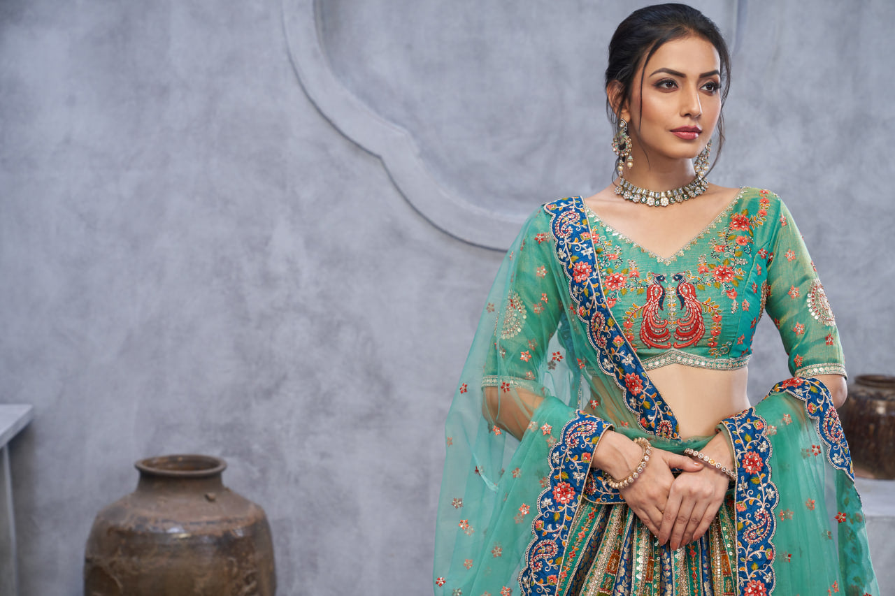 THE BAGH COLLECTION: GRACEFUL GREEN THREAD & SEQUIN EMBELLISHED LEHENGA
