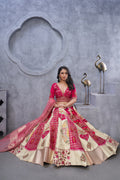REGAL ELEGANCE – RED & WHITE RAW SILK LEHENGA WITH PAISLEY MOTIFS & SHEER PINK DUPATTA