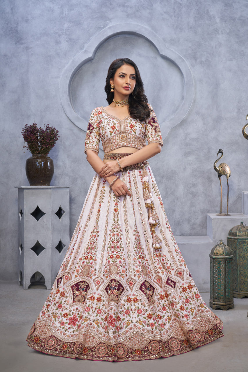 BRIDAL LIGHT PURPLE LEHENGA WITH ZARI PAISLEY EMBROIDERY, SILK PATCHES & REGAL PEACOCK MOTIFS