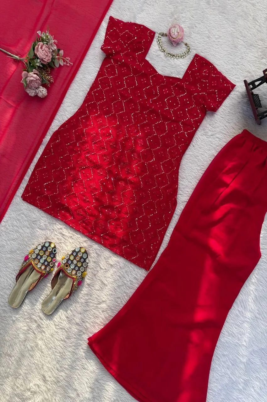 VIBRANT RED GEORGETTE KURTI SET