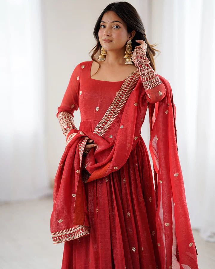 RUST COLOR CRUNCHY SILK EMBROIDERED GOWN