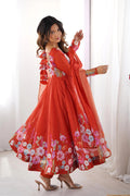 RUST ORANGE FLORAL ORGANZA SILK ANARKALI SUIT SET