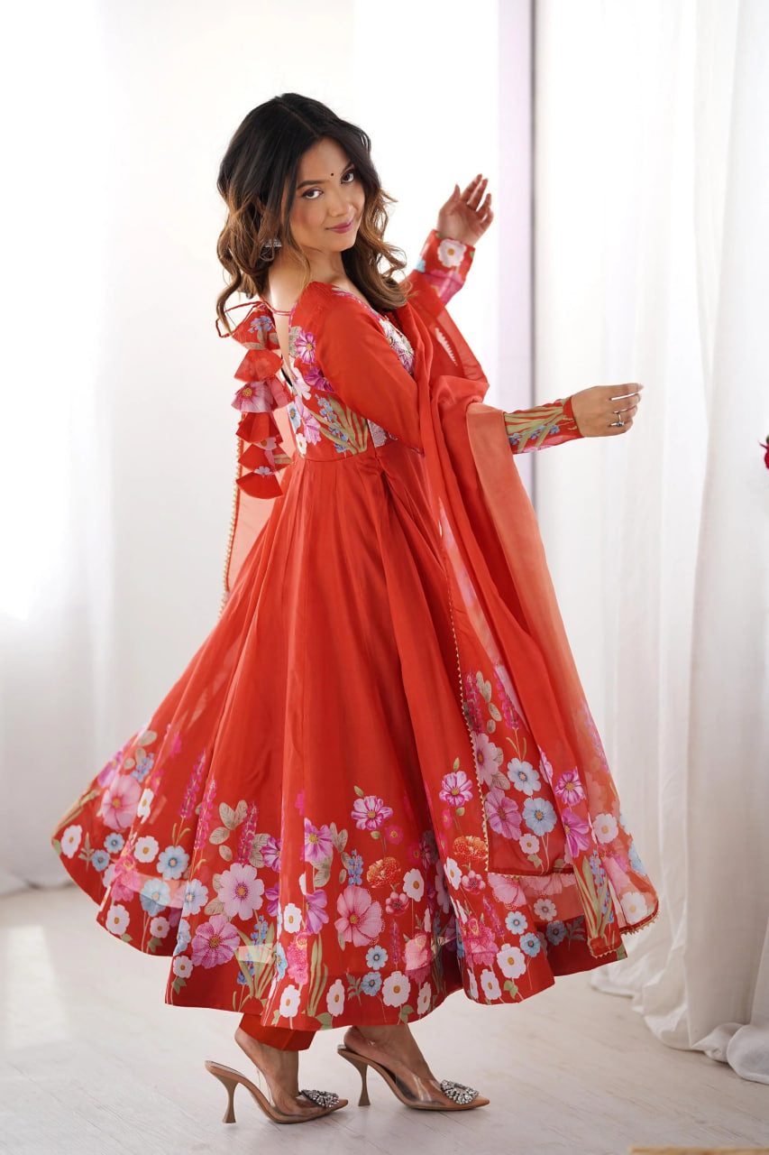 RUST ORANGE FLORAL ORGANZA SILK ANARKALI SUIT SET