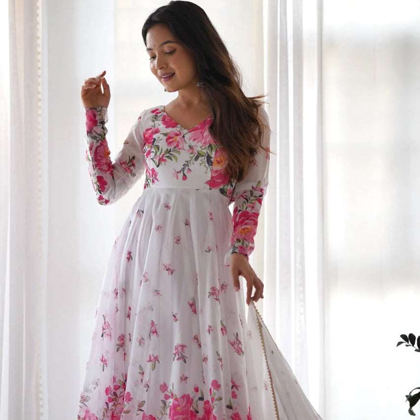 GET READY TO TURN HEADS WITH THIS ELEGANT WHITE FLORAL PRINT ANARKALI SET