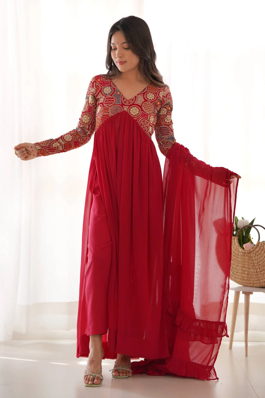 STUNNING RED ALIA CUT FIT EMBROIDERY KURTA SET WITH DUPATTA AND PANTS