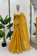 YELLOW COLOR BEAUTIFUL DESIGNER SAREE ON TIBBY SILK FABRIC