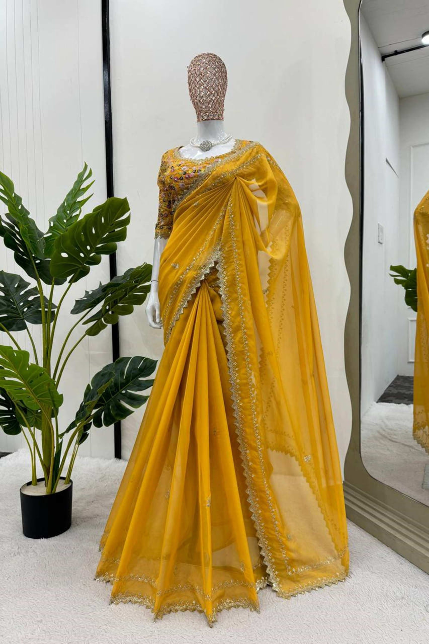 YELLOW COLOR BEAUTIFUL DESIGNER SAREE ON TIBBY SILK FABRIC
