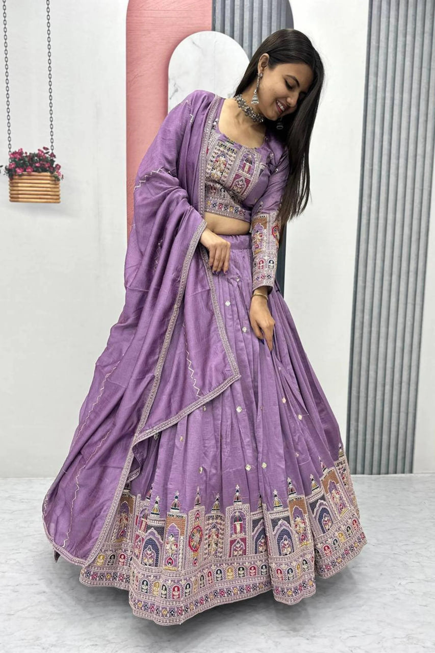 MAUVE EMBROIDERED VICHITRA SILK LEHENGA CHOLI