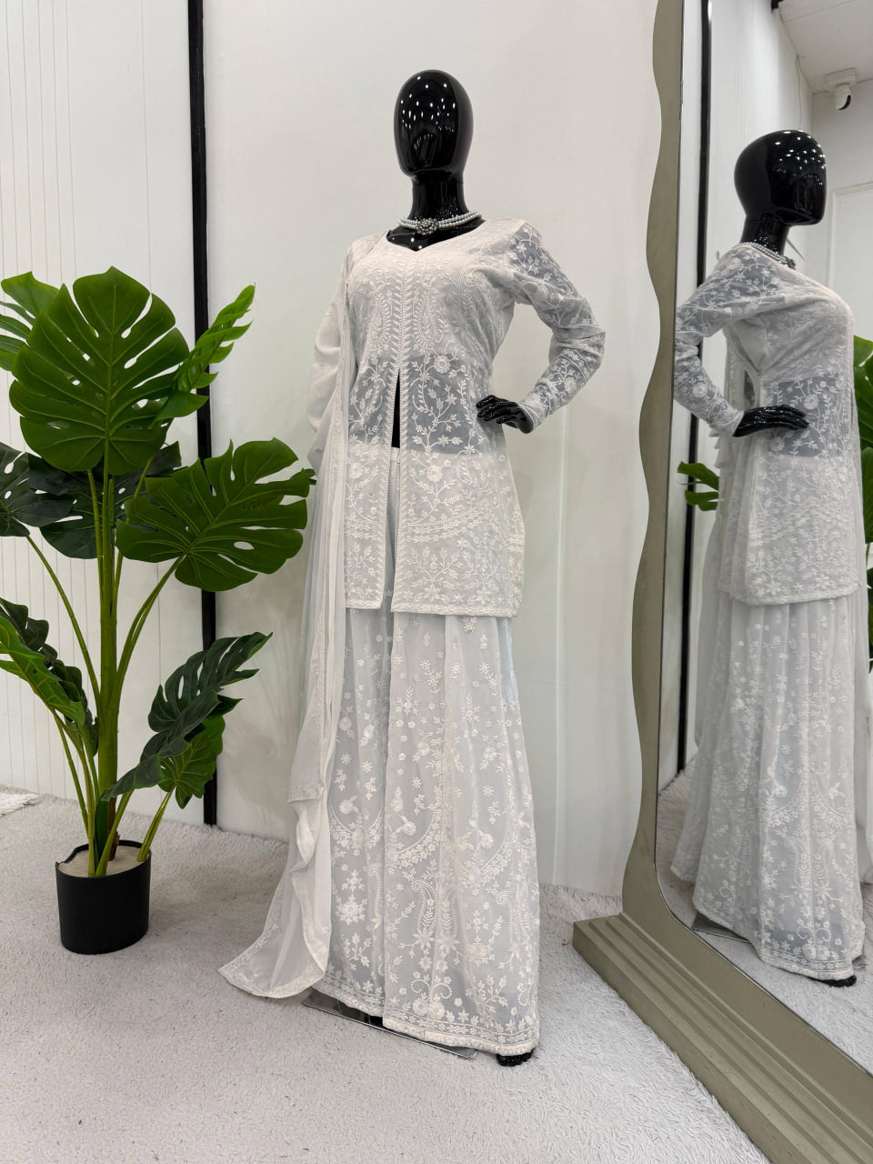 GRACEFULWHITE FOUX GEORGETTE PLAZZO SET WITH DESIGNER TOUCH