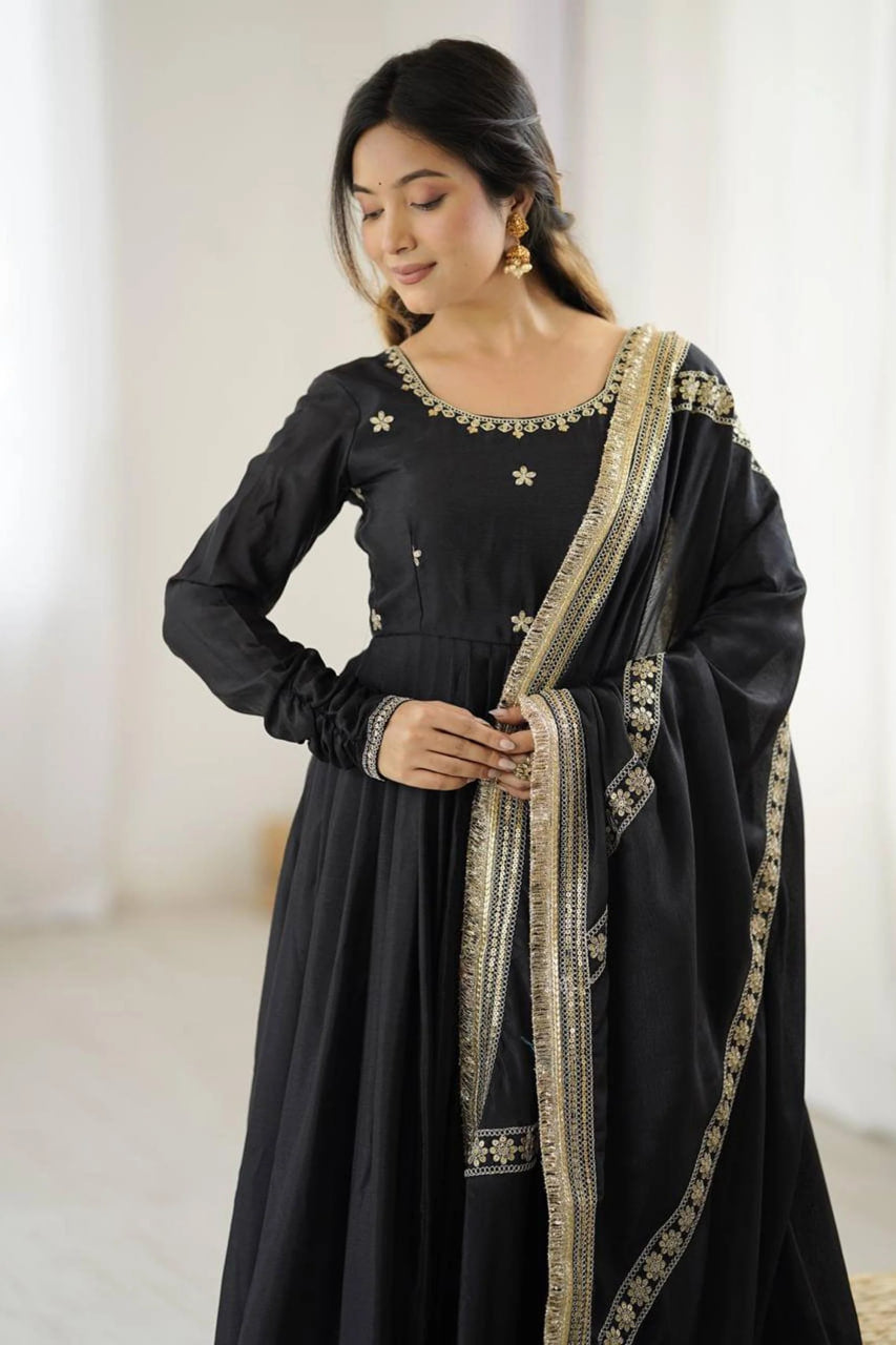 BLACK BOLLYWOOD STYLE ANARKALI SUIT WITH CHINON SILK & SEQUIN WORK