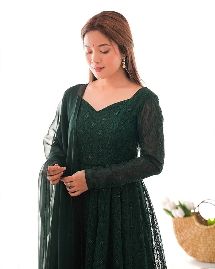 GREEN COLOR GEORGETTE LUCKNOWI THREE PIECE ANARKALI SUIT