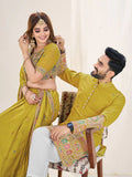 LIME GREEN EMBROIDERED LEHENGA CHOLI & MATCHING MEN'S KURTA SET COMBO