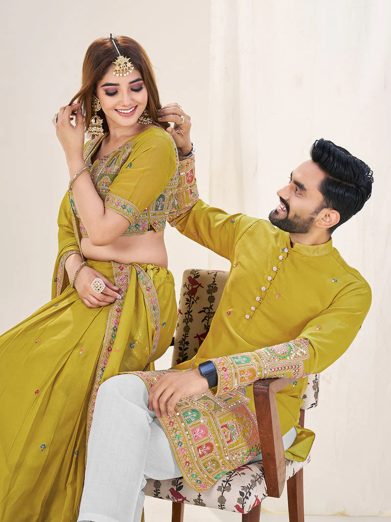 LIME GREEN EMBROIDERED LEHENGA CHOLI & MATCHING MEN'S KURTA SET COMBO