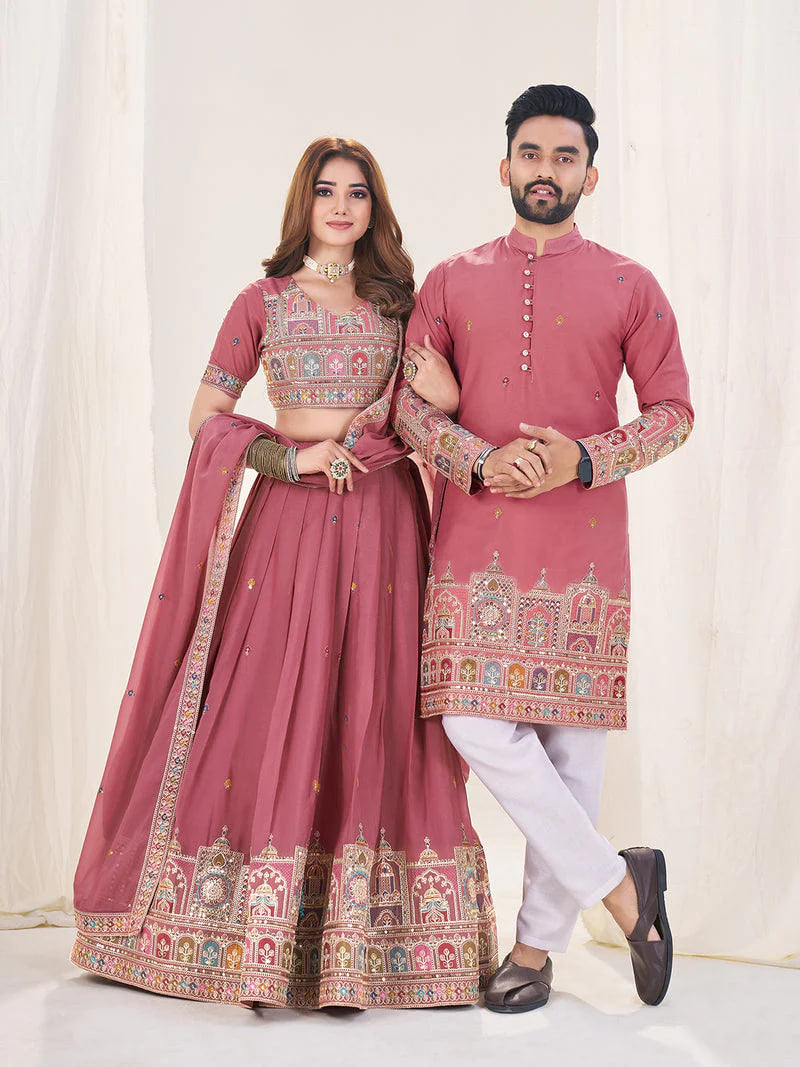 PINK EMBROIDERED LEHENGA CHOLI & MATCHING MEN'S KURTA SET COMBO