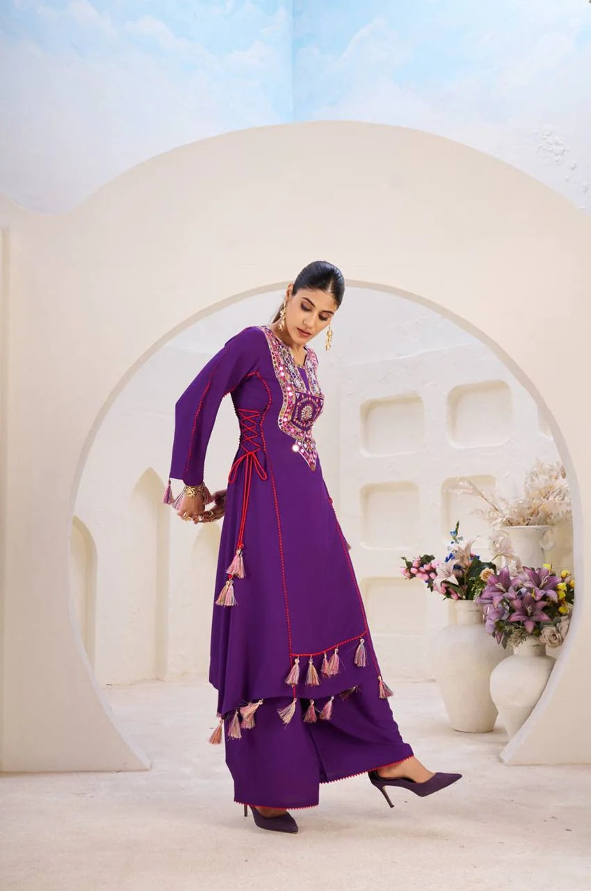 PURPLE ETHNIC MIRROR WORK PEPLUM SET WITH PALAZZO