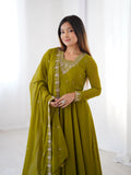 LUXURY MEHENDI GREEN FOX GEORGETTE ANARKALI SUIT WITH DUPATTA & PANT