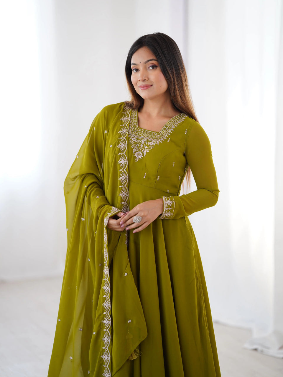LUXURY MEHENDI GREEN FOX GEORGETTE ANARKALI SUIT WITH DUPATTA & PANT