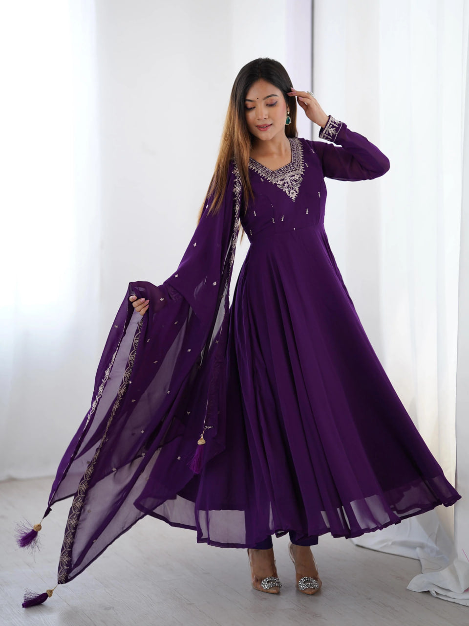 LUXURY PURPLE FOX GEORGETTE ANARKALI SUIT WITH DUPATTA & PANT