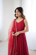 MAROON ROMAN SILK ANARKALI SUIT SET