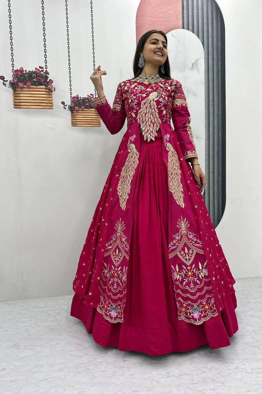 CRIMSON COLOR CROP TOP LEHENGA WITH EMBROIDERED SHRUG