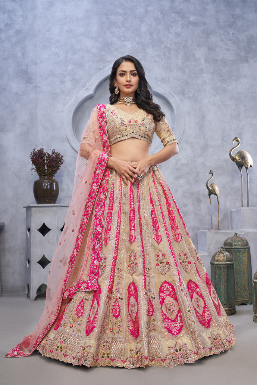 ELEGANT CHIKU ORGANZA SILK LEHENGA CHOLI WITH TRADITIONAL PAISLEY MOTIFS & SOFT NET DUPATTA