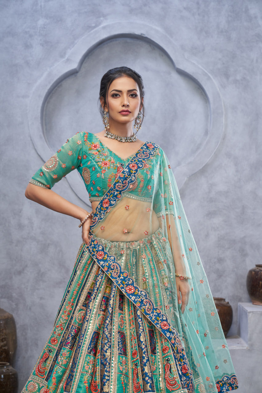 THE BAGH COLLECTION: GRACEFUL GREEN THREAD & SEQUIN EMBELLISHED LEHENGA