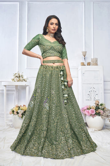 GRACEFUL GREEN BRIDAL LEHENGA WITH AARI EMBROIDERY, FLORAL & PEACOCK MOTIFS