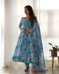 SKY PURE SOFT ORGANZA ANARKALI SUIT SET WITH HUGE FLAIR, DUPATTA & PANT