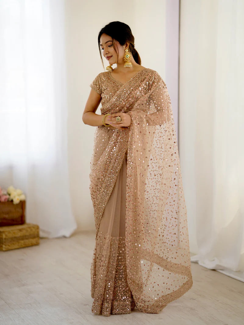 GOLDEN SOFT NET BEAUTIFUL DESIGNER SAREE